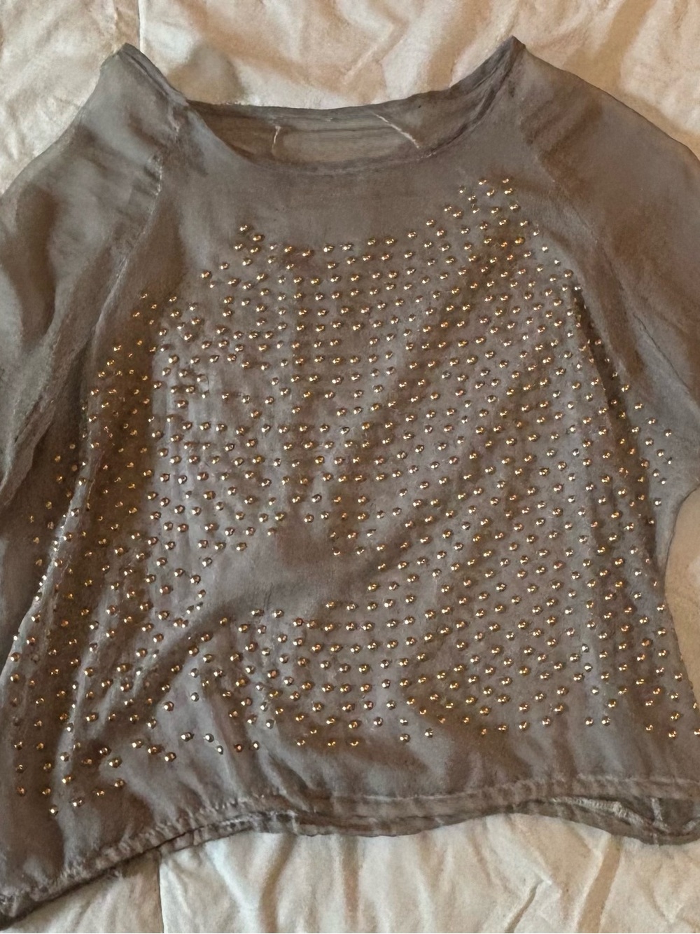Sheer Gray Studded Women's Blouse - Lightweight Layering Top - Picture 9 of 11